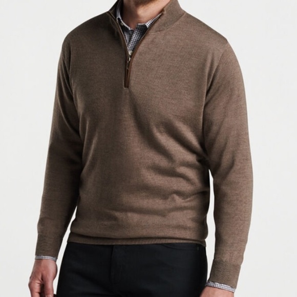Peter Millar autumn crest suede trim quarter zip brown birch wool sweater XXL - Picture 7 of 8